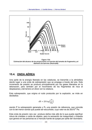 J. Bernaola Alonso - J. Castilla Gómez - J. Herrera Herbert
220
15.4. ONDA AÉREA
Una parte de la energía liberada en las voladuras, se transmite a la atmósfera
dando lugar a una onda de sobrepresión que se propaga a través del aire. Este
incremento de presión se produce principalmente por los gases liberados en la
detonación, pero también por el movimiento de los fragmentos de roca al
desplazarse y del terreno al vibrar con la voladura.
Esta sobrepresión, que origina el ruido producido por la explosión, se mide en
decibelios:
𝑑𝐵 = 20 𝑙𝑜𝑔 �
𝑃
𝑃0
�
siendo P la sobrepresión generada y P0 una presión de referencia, que coincide
con la del menor sonido que puede ser escuchado, cuyo valor es de 20x10
-6
Pa.
Esta onda de presión rara vez produce daños más allá de lo que pueda significar
rotura de cristales o caída de objetos, pero la sensación de inseguridad y molestia
que genera en las personas es a menudo fuente de quejas por parte del vecindario.
Figura 134:
Estimación del alcance de las proyecciones en función del tamaño de fragmento y el
diámetro de barreno (Hustrulid)
 
