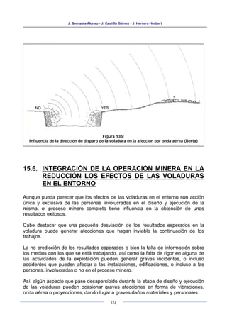 J. Bernaola Alonso - J. Castilla Gómez - J. Herrera Herbert
222
15.6. INTEGRACIÓN DE LA OPERACIÓN MINERA EN LA
REDUCCIÓN LOS EFECTOS DE LAS VOLADURAS
EN EL ENTORNO
Aunque pueda parecer que los efectos de las voladuras en el entorno son acción
única y exclusiva de las personas involucradas en el diseño y ejecución de la
misma, el proceso minero completo tiene influencia en la obtención de unos
resultados exitosos.
Cabe destacar que una pequeña desviación de los resultados esperados en la
voladura puede generar afecciones que hagan inviable la continuación de los
trabajos.
La no predicción de los resultados esperados o bien la falta de información sobre
los medios con los que se está trabajando, así como la falta de rigor en alguna de
las actividades de la explotación pueden generar graves incidentes, o incluso
accidentes que pueden afectar a las instalaciones, edificaciones, o incluso a las
personas, involucradas o no en el proceso minero.
Así, algún aspecto que pase desapercibido durante la etapa de diseño y ejecución
de las voladuras pueden ocasionar graves afecciones en forma de vibraciones,
onda aérea o proyecciones, dando lugar a graves daños materiales y personales.
Figura 135:
Influencia de la dirección de disparo de la voladura en la afección por onda aérea (Berta)
 