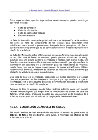 J. Bernaola Alonso - J. Castilla Gómez - J. Herrera Herbert
223
Estos aspectos clave, que den lugar a situaciones indeseadas pueden tener lugar
por varios motivos:
• Falta de formación
• Falta de información
• Falta de rigor en los trabajos
• Factores externos
La falta de formación tanto de la gente involucrada en la ejecución de la voladura,
así como de falta de conocimiento de las técnicas para desarrollar otras
actividades, como estudios geotécnicos, interpretaciones geológicas, etc. hacen
que haya datos de partida que no se corresponden con el modelo empelado en el
diseño de la voladura.
La falta de información sobre el terreno que se está perforando, bien sea el macizo
rocoso, bien sea el frente de voladura, puede generar situaciones de riesgo
evitables con una simple auditoría de trabajos a realizar. Del mismo modo, una
falta de comunicación entre diferentes fases de la explotación, por ejemplo falta de
información del desarrollo de la perforación para los diseñadores de voladura,
puede hacer que no se tenga conocimientos de zonas estratificadas débiles,
fragmentación excesiva, existencia de cavernas en macizos calizos, haciendo que
el diseño de voladura no sea el más adecuado.
Una falta de rigor en los trabajos, ocasionada en ciertas ocasiones por escaso
personal, o personal mal formado puede dar lugar a que haya una falta de rigor en
los trabajos, con la consecuente existencia de información sesgada o incompleta
para los equipos de diseño de voladuras.
Además de todo lo anterior, puede haber factores externos como por ejemplo
factores meteorológicos que hagan que las condiciones de trabajo no sean las
óptimas. Otras veces, presiones ejercidas por una premura en la ejecución de a
voladura puede ocasionar situaciones de riesgo perfectamente evitables.
15.6.1. GENERACIÓN DE ÁRBOLES DE FALLOS
Por estos motivos se han desarrollado mediante la técnica de generación de
árboles de fallos, las condiciones para evitar, o minimizar los efectos de las
voladuras en el entorno.
 