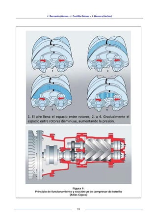 J. Bernaola Alonso - J. Castilla Gómez - J. Herrera Herbert
19
Figura 9:
Principio de funcionamiento y sección un de compresor de tornillo
(Atlas Copco)
 