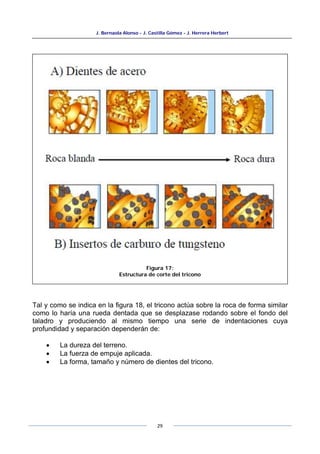 J. Bernaola Alonso - J. Castilla Gómez - J. Herrera Herbert
29
Tal y como se indica en la figura 18, el tricono actúa sobre la roca de forma similar
como lo haría una rueda dentada que se desplazase rodando sobre el fondo del
taladro y produciendo al mismo tiempo una serie de indentaciones cuya
profundidad y separación dependerán de:
• La dureza del terreno.
• La fuerza de empuje aplicada.
• La forma, tamaño y número de dientes del tricono.
Figura 17:
Estructura de corte del tricono
 