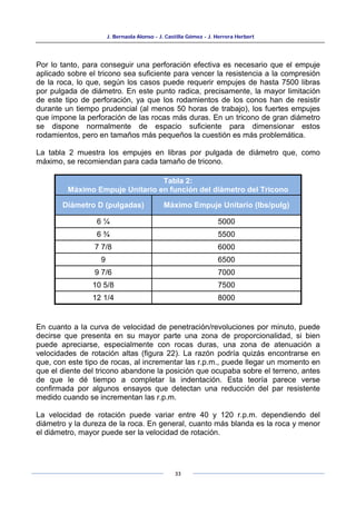 J. Bernaola Alonso - J. Castilla Gómez - J. Herrera Herbert
33
Por lo tanto, para conseguir una perforación efectiva es necesario que el empuje
aplicado sobre el tricono sea suficiente para vencer la resistencia a la compresión
de la roca, lo que, según los casos puede requerir empujes de hasta 7500 libras
por pulgada de diámetro. En este punto radica, precisamente, la mayor limitación
de este tipo de perforación, ya que los rodamientos de los conos han de resistir
durante un tiempo prudencial (al menos 50 horas de trabajo), los fuertes empujes
que impone la perforación de las rocas más duras. En un tricono de gran diámetro
se dispone normalmente de espacio suficiente para dimensionar estos
rodamientos, pero en tamaños más pequeños la cuestión es más problemática.
La tabla 2 muestra los empujes en libras por pulgada de diámetro que, como
máximo, se recomiendan para cada tamaño de tricono.
Tabla 2:
Máximo Empuje Unitario en función del diámetro del Tricono
Diámetro D (pulgadas) Máximo Empuje Unitario (lbs/pulg)
6 ¼ 5000
6 ¾ 5500
7 7/8 6000
9 6500
9 7/6 7000
10 5/8 7500
12 1/4 8000
En cuanto a la curva de velocidad de penetración/revoluciones por minuto, puede
decirse que presenta en su mayor parte una zona de proporcionalidad, si bien
puede apreciarse, especialmente con rocas duras, una zona de atenuación a
velocidades de rotación altas (figura 22). La razón podría quizás encontrarse en
que, con este tipo de rocas, al incrementar las r.p.m., puede llegar un momento en
que el diente del tricono abandone la posición que ocupaba sobre el terreno, antes
de que le dé tiempo a completar la indentación. Esta teoría parece verse
confirmada por algunos ensayos que detectan una reducción del par resistente
medido cuando se incrementan las r.p.m.
La velocidad de rotación puede variar entre 40 y 120 r.p.m. dependiendo del
diámetro y la dureza de la roca. En general, cuanto más blanda es la roca y menor
el diámetro, mayor puede ser la velocidad de rotación.
 