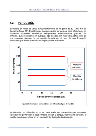 J. Bernaola Alonso - J. Castilla Gómez - J. Herrera Herbert
46
4.3. PERCUSIÓN
El martillo en fondo se utiliza fundamentalmente en la gama de 80 - 200 mm de
diámetro (figura 30). En diámetros inferiores éstos serían muy poco eficientes y en
diámetros superiores requerirían compresores excesivamente grandes. En
principio, puede utilizarse en cualquier tipo de roca sin más limitaciones que las
que cualquier sistema de perforación tendría en el caso de una formación
fracturada que dificultase o incluso imposibilitase el barrido.
No obstante, su utilización en rocas duras suele ser problemática por su menor
velocidad de perforación a baja y media presión y porque, debido a la abrasión, el
martillo puede convertirse en un elemento de desgaste de alto coste.
Figura 30: Campo de aplicación de los diferentes tipos de martillo
 