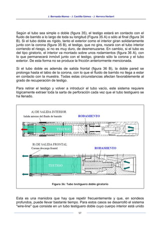 J. Bernaola Alonso - J. Castilla Gómez - J. Herrera Herbert
57
Según el tubo sea simple o doble (figura 35), el testigo estará en contacto con el
fluido de barrido a lo largo de toda su longitud (Figura 35 A) o sólo al final (figura 34
B). Si el tubo doble es rígido, tanto el exterior como el interior giran solidariamente
junto con la corona (figura 35 B), el testigo, que no gira, rozará con el tubo interior
corriendo el riesgo, si no es muy duro, de desmenuzarse. En cambio, si el tubo es
del tipo giratorio, el interior va montado sobre unos rodamientos (figura 36 A), con
lo que permanecerá inmóvil junto con el testigo, girando sólo la corona y el tubo
exterior. De esta forma no se produce la fricción anteriormente mencionada.
Si el tubo doble es además de salida frontal (figura 36 B), la doble pared se
prolonga hasta el labio de la corona, con lo que el fluido de barrido no llega a estar
en contacto con la muestra. Todas estas circunstancias afectan favorablemente al
grado de recuperación de testigo.
Para retirar el testigo y volver a introducir el tubo vacío, este sistema requiere
lógicamente extraer toda la sarta de perforación cada vez que el tubo testiguero se
ha llenado.
Esta es una maniobra que hay que repetir frecuentemente y que, en sondeos
profundos, puede llevar bastante tiempo. Para estos casos se desarrolló el sistema
"wire-line" que consiste en un tubo testiguero doble cuyo cuerpo interior está unido
Figura 36: Tubo testiguero doble giratorio
 