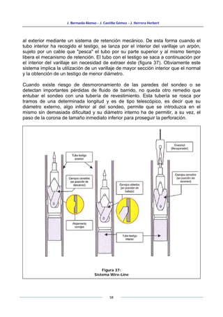 J. Bernaola Alonso - J. Castilla Gómez - J. Herrera Herbert
58
al exterior mediante un sistema de retención mecánico. De esta forma cuando el
tubo interior ha recogido el testigo, se lanza por el interior del varillaje un arpón,
sujeto por un cable que "pesca" el tubo por su parte superior y al mismo tiempo
libera el mecanismo de retención. El tubo con el testigo se saca a continuación por
el interior del varillaje sin necesidad de extraer éste (figura 37). Obviamente este
sistema implica la utilización de un varillaje de mayor sección interior que el normal
y la obtención de un testigo de menor diámetro.
Cuando existe riesgo de desmoronamiento de las paredes del sondeo o se
detectan importantes pérdidas de fluido de barrido, no queda otro remedio que
entubar el sondeo con una tubería de revestimiento. Esta tubería se rosca por
tramos de una determinada longitud y es de tipo telescópico, es decir que su
diámetro externo, algo inferior al del sondeo, permite que se introduzca en el
mismo sin demasiada dificultad y su diámetro interno ha de permitir, a su vez, el
paso de la corona de tamaño inmediato inferior para proseguir la perforación.
Figura 37:
Sistema Wire-Line
 