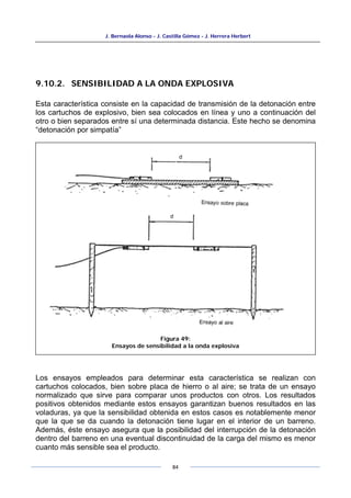 J. Bernaola Alonso - J. Castilla Gómez - J. Herrera Herbert
84
9.10.2. SENSIBILIDAD A LA ONDA EXPLOSIVA
Esta característica consiste en la capacidad de transmisión de la detonación entre
los cartuchos de explosivo, bien sea colocados en línea y uno a continuación del
otro o bien separados entre sí una determinada distancia. Este hecho se denomina
“detonación por simpatía”
Los ensayos empleados para determinar esta característica se realizan con
cartuchos colocados, bien sobre placa de hierro o al aire; se trata de un ensayo
normalizado que sirve para comparar unos productos con otros. Los resultados
positivos obtenidos mediante estos ensayos garantizan buenos resultados en las
voladuras, ya que la sensibilidad obtenida en estos casos es notablemente menor
que la que se da cuando la detonación tiene lugar en el interior de un barreno.
Además, éste ensayo asegura que la posibilidad del interrupción de la detonación
dentro del barreno en una eventual discontinuidad de la carga del mismo es menor
cuanto más sensible sea el producto.
Figura 49:
Ensayos de sensibilidad a la onda explosiva
 