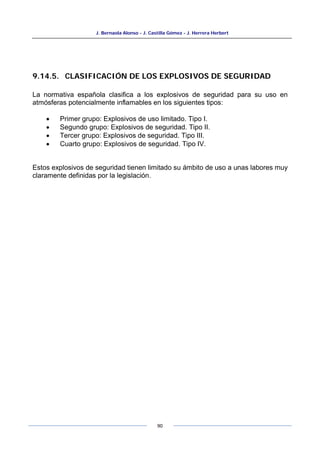 J. Bernaola Alonso - J. Castilla Gómez - J. Herrera Herbert
90
9.14.5. CLASIFICACIÓN DE LOS EXPLOSIVOS DE SEGURIDAD
La normativa española clasifica a los explosivos de seguridad para su uso en
atmósferas potencialmente inflamables en los siguientes tipos:
• Primer grupo: Explosivos de uso limitado. Tipo I.
• Segundo grupo: Explosivos de seguridad. Tipo II.
• Tercer grupo: Explosivos de seguridad. Tipo III.
• Cuarto grupo: Explosivos de seguridad. Tipo IV.
Estos explosivos de seguridad tienen limitado su ámbito de uso a unas labores muy
claramente definidas por la legislación.
 