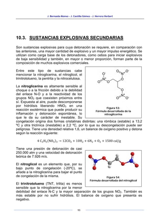 J. Bernaola Alonso - J. Castilla Gómez - J. Herrera Herbert
93
Figura 53:
Fórmula desarrollada de la
nitroglicerina
Figura 54:
Fórmula desarrollada del nitroglicol
10.3. SUSTANCIAS EXPLOSIVAS SECUNDARIAS
Son sustancias explosivas para cuya detonación se requiere, en comparación con
las anteriores, una mayor cantidad de explosivo y un mayor impulso energético. Se
utilizan como carga base de los detonadores, como cebos para iniciar explosivos
de baja sensibilidad y también, en mayor o menor proporción, forman parte de la
composición de muchos explosivos comerciales.
Entre este tipo de sustancias cabe
mencionar la nitroglicerina, el nitroglicol, el
trinitrotolueno, la pentrita y la nitrocelulosa.
La nitroglicerina es altamente sensible al
choque o a la fricción debido a la debilidad
del enlace N-O y a la reactividad de los
grupos NO2 que coexisten próximos entre
sí. Expuesta al aire, puede descomponerse
por hidrólisis liberando HNO3 en una
reacción exotérmica que puede producir su
inflamación y detonación espontánea, lo
que le da su carácter de inestable. Su
congelación origina dos formas cristalinas distintas: una rómbica (estable) a 13,2
ºC y otra triclínica (inestable) a 2,2 ºC, por lo que su descongelación puede ser
peligrosa. Tiene una densidad relativa 1,6, un balance de oxígeno positivo y detona
según la reacción siguiente:
4 C3H5(NO3)3 → 12CO2 + 10H2 + 6N2 + O2 + 1500 cal/g
Tiene una presión de detonación de casi
250.000 atm y una velocidad de detonación
teórica de 7.926 m/s.
El nitroglicol es un elemento que, por su
bajo punto de congelación (-20ºC), se
añade a la nitroglicerina para bajar el punto
de congelación de la misma.
El trinitrotolueno (TNT, trilita) es menos
sensible que la nitroglicerina por la menor
debilidad del enlace N-C y la mayor separación de los grupos NO2. También es
más estable por no sufrir hidrólisis. El balance de oxígeno que presenta es
negativo.
 