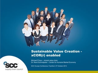 © 2013 Supply Chain Council. ALL RIGHTS RESERVED. | Sustainable Value Creation | Slide 1 | October 2013
Sustainable Value Creation -
xCOR(r) enabled
Michael D’heur – shared.value.chain
Dr. René Schmidpeter – Center for Humane Market Economy
SCC Europe Conference, Frankfurt, 07 October 2013
 