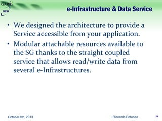 e-Infrastructure & Data Service
• We designed the architecture to provide a
Service accessible from your application.
• Modular attachable resources available to
the SG thanks to the straight coupled
service that allows read/write data from
several e-Infrastructures.
Riccardo Rotondo 39October 8th, 2013
 