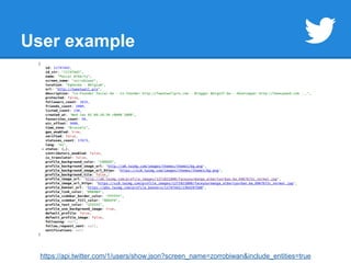 User example 
https://api.twitter.com/1/users/show.json?screen_name=zorrobiwan&include_entities=true 
 