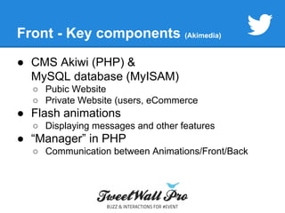 Front - Key components (Akimedia) 
● CMS Akiwi (PHP) & 
MySQL database (MyISAM) 
○ Pubic Website 
○ Private Website (users, eCommerce 
● Flash animations 
○ Displaying messages and other features 
● “Manager” in PHP 
○ Communication between Animations/Front/Back 
 