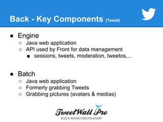 Back - Key Components (Tesial) 
● Engine 
○ Java web application 
○ API used by Front for data management 
■ sessions, tweets, moderation, tweetos,... 
● Batch 
○ Java web application 
○ Formerly grabbing Tweets 
○ Grabbing pictures (avatars & medias) 
 