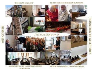 BEHOUDEN EN BEHOEDEN VAN AUTONOMIE

2013:HUIS VAN WIJK
2011:HUIS IN DEDE WIJK

SOCIALE CONTACTEN EN GESTRUCTUREERDE
AFWISSELING

PASSENDE LEVENSWIJZE EN LEVENSHOUDING

REDUCEREN EN ACCEPTEREN

ANTICIPEREN

BIEDEN VAN VEILIGHEID

 