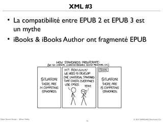 XML #3

• La compatibilité entre EPUB 2 et EPUB 3 est
un mythe
• iBooks & iBooks Author ont fragmenté EPUB

Open Source Group – Silicon Valley

12

© 2013 SAMSUNG Electronics Co.

 