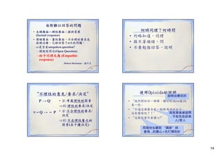 面對難以回答的問題

何時同理？何時問
約略知道 同理
• 約略知道，同理
• 摸不著頭緒，問
• 不要勉強回答、說明

• 生理層面、理性層面：提供答案
(factual response)
• 情緒層面、靈性層面、不合理的要求或
拒絕治療、已經回答了n次的問題：
是否有unspoken question?
– 開放性問句(Open Question)

– 給予同理反應 (E
(Empathic
thi
response)
-Robert Buckman，趙可式
53

“不理性的意見/要求/決定＂
P→Q

• 若:考慮理性的因素
則:理性的要求/決定
≡～Q → ～ P • 若:不合理性的要求/
決定
則:不在理性層次的
則 不在理性層次的
因素(在干擾決定)

使用Opioids的說明

說明治療目的

• “我們開給你一個藥，讓你的喘(or痛)改
我們開給你一個藥，讓你的喘(or痛)改
善一些；
• “不過這個藥含有一點點嗎啡的成分，
與其事後被追問
沒有關係吧？！＂
，不如先告訴病
這樣你會不會擔心
• “這樣你會不會擔心?＂
人/家人
同理他在聽到 “嗎啡”時，
會有…的擔心=先打預防針

14

 