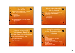 Patient/family education
and counseling

Non to Mild


Not tired in age 5-6, scores 1-2 in age
7-12,
7 12 or scores 0 3 in age>12
0-3



Education


Post treatment





Active treatment





End of life

 Active
 Post

Post treatment



treatment

Active treatment



treatment

 E d f lif
End-of-life

General strategies to manage fatigue


Information about known pattern of
p
fatigue during and following
treatment

End of life

General strategies for
management of fatigue
during active and post treatment
post-treatment

Energy conservation
active treatment and post
treatment




Self-monitoring of fatigue level





Energy conservation





Use distraction









Set priorities
Pace
Delegate
Schedule activities at times of peak energy
labor-saving devices
Postpone nonessential activities
P t
ti l ti iti
Limit naps to < 1 hour to not interfere with night-time
sleep quality
Structured daily routine
Attend to one activity at a time

14

 