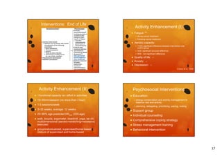 Interventions: End of Life

Activity Enhancement (I)


Fatigue: **





during cancer treatment
g
following cancer treatment

Aerobic capacity:
11/22: significant difference between intervention and
control group
 3/22: significant pre-post difference
 8/22: non significant difference


Quality of life: - Anxiety: - Depression: -

Cramp et al, 2008

Activity Enhancement (II)


↑functional capacity so↓effort in activities



15~45min/session (no more than I hour)
5 5
/sess o ( o o e t a
ou )



1-5 sessions/week



3~32 weeks, average: 12 weeks



25~80% age-predicted HRmax (220-age)



walk, bicycle, ergometer, treadmill, yoga, tai-chi,
walk bicycle ergometer treadmill yoga tai chi
multidimensional (aerobic+stretching+resistance
exercise)



group/individualized, supervised/home-based ,
mixture of supervised and home-based

Psychosocial Interventions


Education:
 energy
gy

conservation and activity management to
y
g
balance rest and activity

 planning,

delegating, prioritizing, pacing, resting



Support group



Individual counseling



Comprehensive coping strategy



Stress management training



Behavioral intervention

17

 