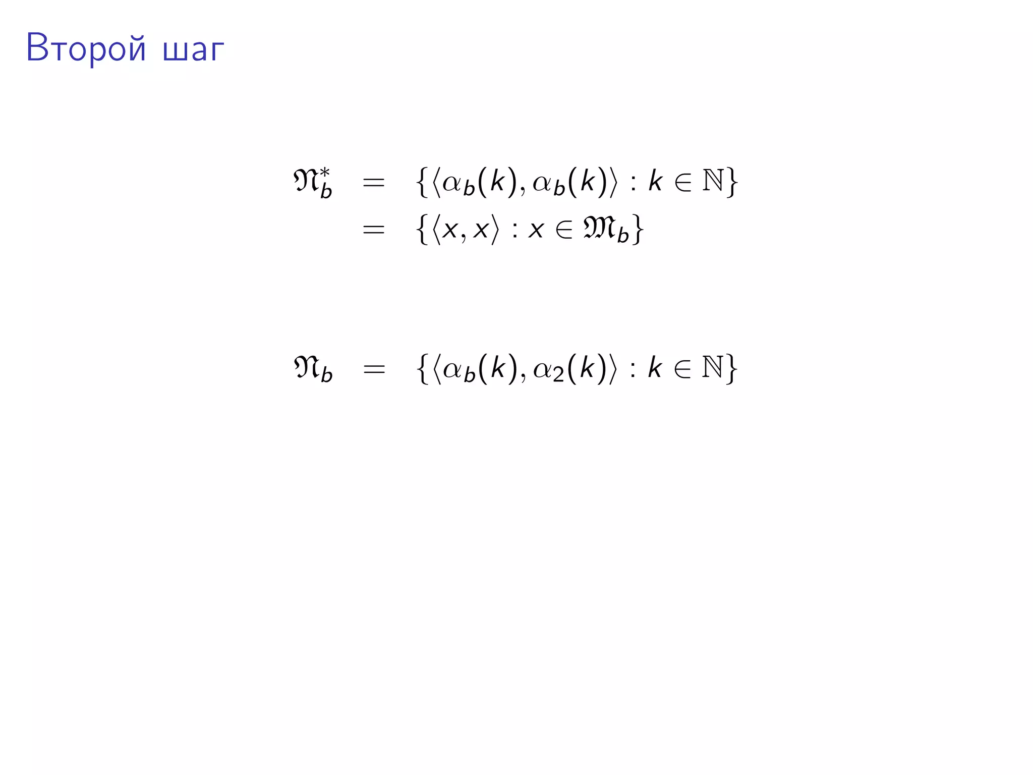 Второй шаг
N∗ = { αb (k), αb (k) : k ∈ N}
b
= { x, x : x ∈ Mb }

Nb = { αb (k), α2 (k) : k ∈ N}

 