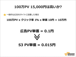 100万PV  15,000円は⾼高いか?
⼀一般的な広告をサイトに設置した場合

100万PV  x  クリック率率率  1%  x  単価  10円  =  10万円

広告PV単価  =  0.1円
S3  PV単価  =  0.015円

 