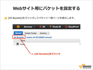 Webサイト⽤用にバケットを設定する
[All  Buckets]をクリックしてバケット⼀一覧ページを表⽰示します。

1.  [All  Buckets]をクリック

 