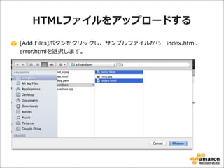 HTMLファイルをアップロードする
[Add  Files]ボタンをクリックし、サンプルファイルから、index.html、
error.htmlを選択します。

 