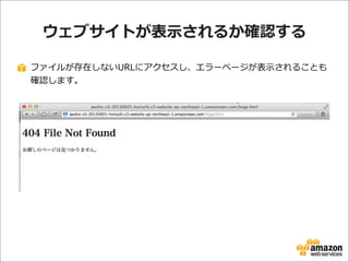 ウェブサイトが表⽰示されるか確認する
ファイルが存在しないURLにアクセスし、エラーページが表⽰示されることも
確認します。

 