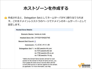 ホストゾーンを作成する  
作成されると、Delegation  Setとしてネームサーバが4つ割り当てられま
す。これをドメインレジストラのページでドメインのネームサーバーとして
設定します。

 