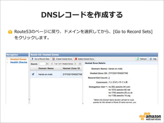 DNSレコードを作成する
Route53のページに戻り、ドメインを選択してから、[Go  to  Record  Sets]
をクリックします。

 