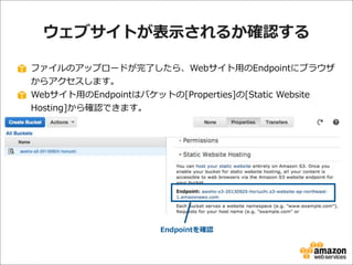 ウェブサイトが表⽰示されるか確認する
ファイルのアップロードが完了了したら、Webサイト⽤用のEndpointにブラウザ
からアクセスします。
Webサイト⽤用のEndpointはバケットの[Properties]の[Static  Websi...
