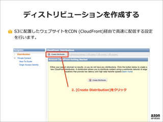 ディストリビューションを作成する
S3に配置したウェブサイトをCDN  (CloudFront)経由で⾼高速に配信する設定
を⾏行行います。

2.  [Create  Distribution]をクリック

 
