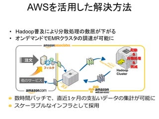 AWSを活用した解決方法
•  Hadoop普及により分散処理の敷居が下がる
•  オンデマンドでEMRクラスタの調達が可能に

注⽂文
フィルタ

起動
&
分類処理理
&
消滅

Hadoop
Cluster

他のサービス

"   数時間バッチで、直近1ヶ⽉月の⽀支払いデータの集計が可能に
"   スケーラブルなインフラとして採⽤用

 