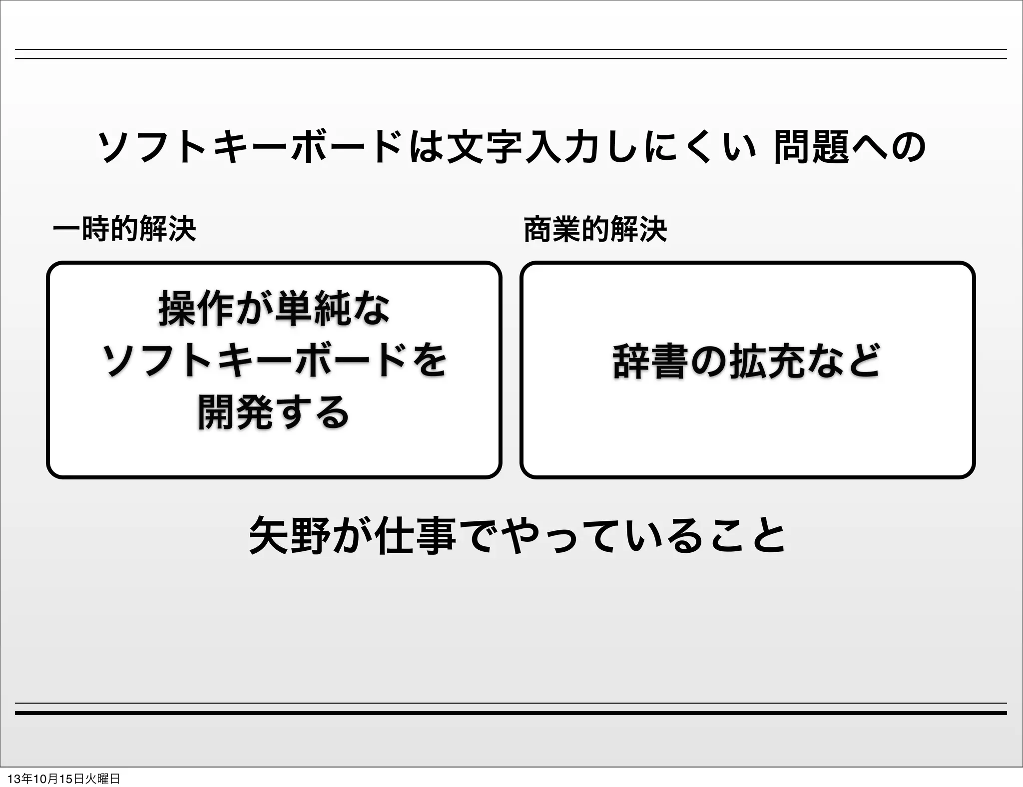 ソフトキーボードは文字入力しにくい 問題への
一時的解決

商業的解決

操作が単純な
ソフトキーボードを
開発する

辞書の拡充など

矢野が仕事でやっていること

13年10月15日火曜日

 