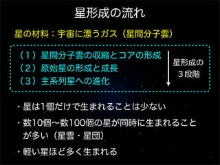 星形成の流れ
星の材料：宇宙に漂うガス（星間分子雲）
（１）星間分子雲の収縮とコアの形成
（２）原始星の形成と成長
（３）主系列星への進化

星形成の
３段階

・星は1個だけで生まれることは少ない
・数10個∼数100個の星が同時に生まれること
 が多い（星雲・星団）
・軽い星ほど多く生まれる

 