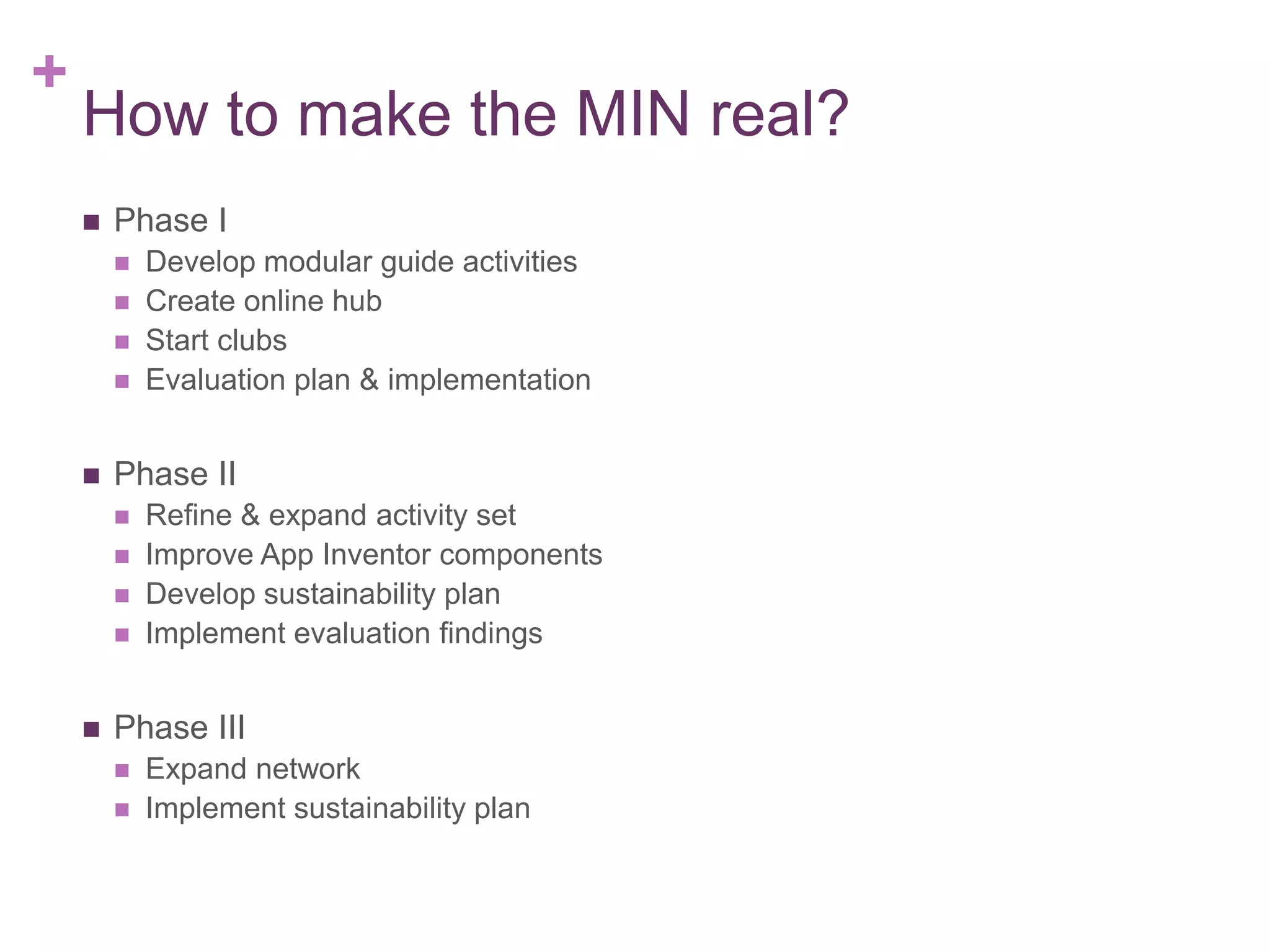 +

How to make the MIN real?


Phase I







Phase II







Develop modular guide activities
Create online hub
Start clubs
Evaluation plan & implementation

Refine & expand activity set
Improve App Inventor components
Develop sustainability plan
Implement evaluation findings

Phase III



Expand network
Implement sustainability plan

 