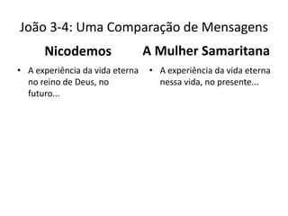 João 3-4: Uma Comparação de Mensagens
Nicodemos
• A experiência da vida eterna
no reino de Deus, no
futuro...

A Mulher Samaritana
• A experiência da vida eterna
nessa vida, no presente...

 