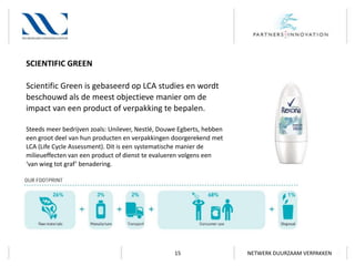 SCIENTIFIC GREEN
Scientific Green is gebaseerd op LCA studies en wordt
beschouwd als de meest objectieve manier om de
impact van een product of verpakking te bepalen.
Steeds meer bedrijven zoals: Unilever, Nestlé, Douwe Egberts, hebben
een groot deel van hun producten en verpakkingen doorgerekend met
LCA (Life Cycle Assessment). Dit is een systematische manier de
milieueffecten van een product of dienst te evalueren volgens een
‘van wieg tot graf’ benadering.

15

NETWERK DUURZAAM VERPAKKEN

 