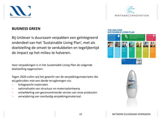 BUSINESS GREEN
Bij Unilever is duurzaam verpakken een geïntegreerd
onderdeel van het ‘Sustainable Living Plan’, met als
doelstelling de omzet te verdubbelen en tegelijkertijd
de impact op het milieu te halveren.
Voor verpakkingen is in het Sustainable Living Plan de volgende
doelstelling opgenomen:
Tegen 2020 zullen wij het gewicht van de verpakkingsmaterialen die
wij gebruiken met een derde terugbrengen via:
>
lichtgewicht materialen
>
optimalisatie van structuur en materiaalontwerp
>
ontwikkeling van geconcentreerde versies van onze producten
>
verwijdering van overbodig verpakkingsmateriaal.

19

NETWERK DUURZAAM VERPAKKEN

 