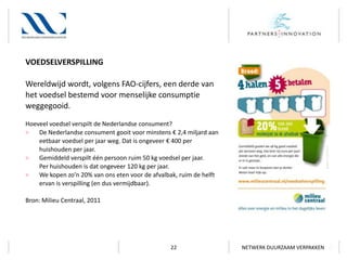 VOEDSELVERSPILLING
Wereldwijd wordt, volgens FAO-cijfers, een derde van
het voedsel bestemd voor menselijke consumptie
weggegooid.
Hoeveel voedsel verspilt de Nederlandse consument?
>
De Nederlandse consument gooit voor minstens € 2,4 miljard aan
eetbaar voedsel per jaar weg. Dat is ongeveer € 400 per
huishouden per jaar.
>
Gemiddeld verspilt één persoon ruim 50 kg voedsel per jaar.
Per huishouden is dat ongeveer 120 kg per jaar.
>
We kopen zo’n 20% van ons eten voor de afvalbak, ruim de helft
ervan is verspilling (en dus vermijdbaar).
Bron: Milieu Centraal, 2011

22

NETWERK DUURZAAM VERPAKKEN

 