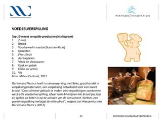 VOEDSELVERSPILLING
Top 10 meest verspilde producten (in kilogram)
1. Zuivel
2. Brood
3. Voorbewerkt voedsel (kant-en-klaar)
4. Groenten
5. (Vers) fruit
6. Aardappelen
7. Vlees en vleeswaren
8. Koek en gebak
9. Oliën en vetten
10. Vis
Bron: Milieu Centraal, 2011
Oerlemans Plastics heeft in samenwerking met Beko, groothandel in
verpakkingsmaterialen, een verpakking ontwikkeld voor een kwart
brood. “Door slimmer gebruik te maken van verpakkingen voorkomen
we 5-10% voedselverspilling, ofwel ruim 44 miljoen kilo brood per jaar,
en spelen we beter in op de wensen van de consument. Kortom, een
goede verpakking verlaagt de milieudruk”, volgens Jan Wessemius van
Oerlemans Plastics (2012).

23

NETWERK DUURZAAM VERPAKKEN

 