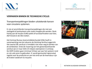 VERPAKKEN BINNEN DE TECHNISCHE CYCLUS
Transportverpakkingen bieden uitstekende kansen
voor circulaire systemen.
Er zijn al verschillende transportverpakkingen die met een
statiegeld of poolsysteem vele malen hergebruikt worden. Denk
hierbij aan de houten EURO pallet of kunststof kratten voor bier,
AGF brood en de CBL kratten.
Het Centraal Bureau levensmiddelenhandel (CBL) heeft in
samenwerking met de industrie de Stichting Versfust opgericht.
Het zwarte CBL-versfust is inmiddels niet meer weg te denken van
de winkelvloer. Sinds de invoering van het gestandaardiseerde
versfust zijn er maar liefst 23 miljoen exemplaren in omloop.
De HDPE kratten gaan minimaal 10 keer per jaar het systeem rond
en zijn vele jaren te gebruiken. Er wordt gerecycled regranulaat
ingezet voor de productie en aan het eind van de levensduur zijn
de kratten wederom te recyclen.

34

NETWERK DUURZAAM VERPAKKEN

 
