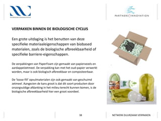 VERPAKKEN BINNEN DE BIOLOGISCHE CYCLUS
Een grote uitdaging is het benutten van deze
specifieke materiaaleigenschappen van biobased
materialen, zoals de biologische afbreekbaarheid of
specifieke barriere-eigenschappen.
De verpakkingen van PaperFoam zijn gemaakt van papiervezels en
aardappelzetmeel. De verpakking kan met het oud-papier verwerkt
worden, maar is ook biologisch afbreekbaar en composteerbaar.
De ‘loose-fill’ opvulmaterialen zijn ook gemaakt van geschuimd
zetmeel. Aangezien de kans groot is dat dit soort producten door
onzorgvuldige afdanking in het milieu terecht kunnen komen, is de
biologische afbreekbaarheid hier een groot voordeel.

38

NETWERK DUURZAAM VERPAKKEN

 
