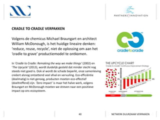 CRADLE TO CRADLE VERPAKKEN
Volgens de chemicus Michael Braungart en architect
William McDonough, is het huidige lineaire denken:
‘reduce, reuse, recycle’, niet de oplossing om aan het
‘cradle to grave’ productiemodel te ontkomen.
In ‘Cradle to Cradle: Remaking the way we make things’ (2002) en
‘The Upcycle’ (2013), wordt duidelijk gesteld dat minder slecht nog
steeds niet goed is. Ook al wordt de schade beperkt, onze samenleving
creëert alsnog ontzettend veel afval en vervuiling. Eco-efficiëntie
(doelmatig) is niet genoeg, producten moeten eco-effectief
(doeltreffend) zijn. ‘Zero impact’ is maar het halve werk, volgens
Braungart en McDonough moeten we streven naar een positieve
impact op ons ecosysteem.

40

NETWERK DUURZAAM VERPAKKEN

 