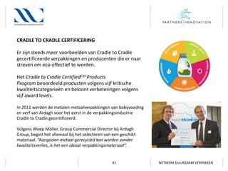 CRADLE TO CRADLE CERTIFICERING
Er zijn steeds meer voorbeelden van Cradle to Cradle
gecertificeerde verpakkingen en producenten die er naar
streven om eco-effectief te worden.
Het Cradle to Cradle CertifiedCM Products
Program beoordeeld producten volgens vijf kritische
kwaliteitscategorieën en beloont verbeteringen volgens
vijf award levels.
In 2011 werden de metalen metaalverpakkingen van babyvoeding
en verf van Ardagh voor het eerst in de verpakkingsindustrie
Cradle to Cradle gecertificeerd.
Volgens Woep Möller, Group Commercial Director bij Ardagh
Group, begint het allemaal bij het selecteren van een geschikt
materiaal. “Aangezien metaal gerecycled kan worden zonder
kwaliteitsverlies, is het een ideaal verpakkingsmateriaal”.

41

NETWERK DUURZAAM VERPAKKEN

 