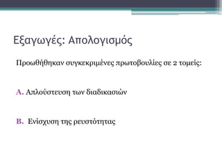 Eναγωγέπ: Aπξλξγιρμόπ
Πξνσζήζεθαλ ζπγθεθξηκέλεο πξσηνβνπιίεο ζε 2 ηνκείο:

A. Απινύζηεπζε ησλ δηαδηθαζηώλ

B. Ελίζρπζε ηεο...