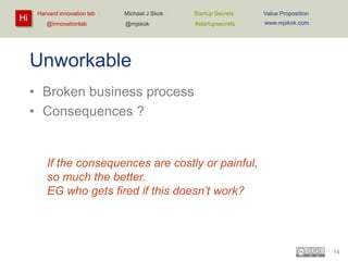 Hi

Harvard innovation lab :
@innovationlab

Michael J Skok :

Startup Secrets :

Value Proposition

@mjskok

#startupsecrets

www.mjskok.com

Unworkable
• Broken business process
• Consequences ?

If the consequences are costly or painful,
so much the better.
EG who gets fired if this doesn’t work?

14

 
