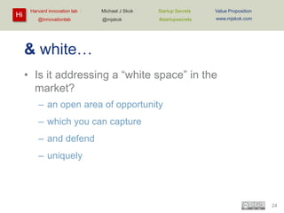Hi

Harvard innovation lab :
@innovationlab

Michael J Skok :

Startup Secrets :

Value Proposition

@mjskok

#startupsecrets

www.mjskok.com

& white…
• Is it addressing a “white space” in the
market?
– an open area of opportunity

– which you can capture
– and defend
– uniquely

24

 