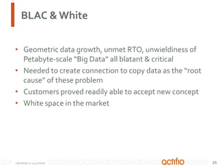 BLAC & White
• Geometric data growth, unmet RTO, unwieldiness of
Petabyte-scale “Big Data” all blatant & critical
• Needed to create connection to copy data as the “root
cause” of these problem
• Customers proved readily able to accept new concept
• White space in the market

COPYRIGHT © 2013 ACTIFIO

25

 