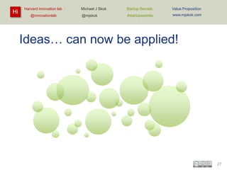 Hi

Harvard innovation lab :
@innovationlab

Michael J Skok :

Startup Secrets :

Value Proposition

@mjskok

#startupsecrets

www.mjskok.com

Ideas… can now be applied!

27

 