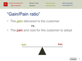 Hi

Harvard innovation lab :

Startup Secrets :

Value Proposition

@mjskok

@innovationlab

Michael J Skok :

#startupsecrets

www.mjskok.com

“Gain/Pain ratio”
• The gain delivered to the customer
vs.
• The pain and cost for the customer to adopt

Gain

Pain

46

 
